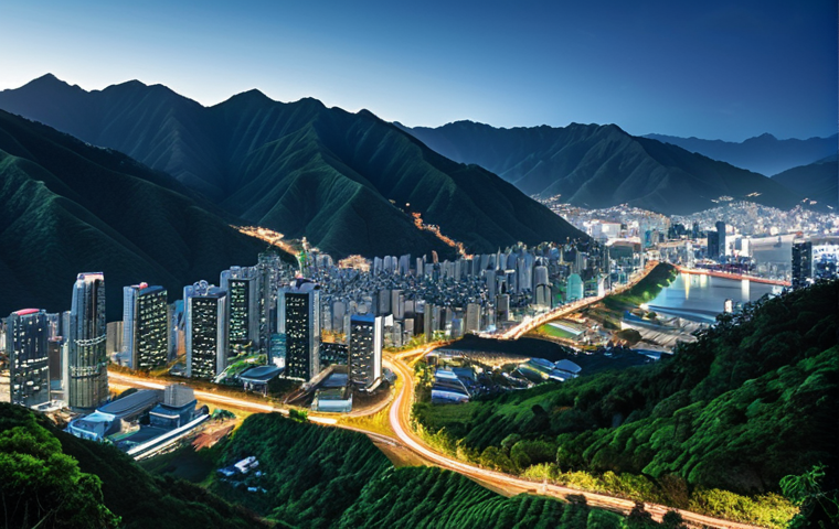 **
A scenic view contrasting New Zealand's lush green mountains and open landscapes with South Korea's modern cityscape filled with skyscrapers and bright lights. The image should evoke the feeling of peaceful nature versus bustling urban life.
**